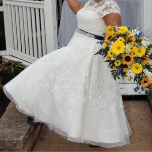 Elegant White Lace Dress with Blue Sash
